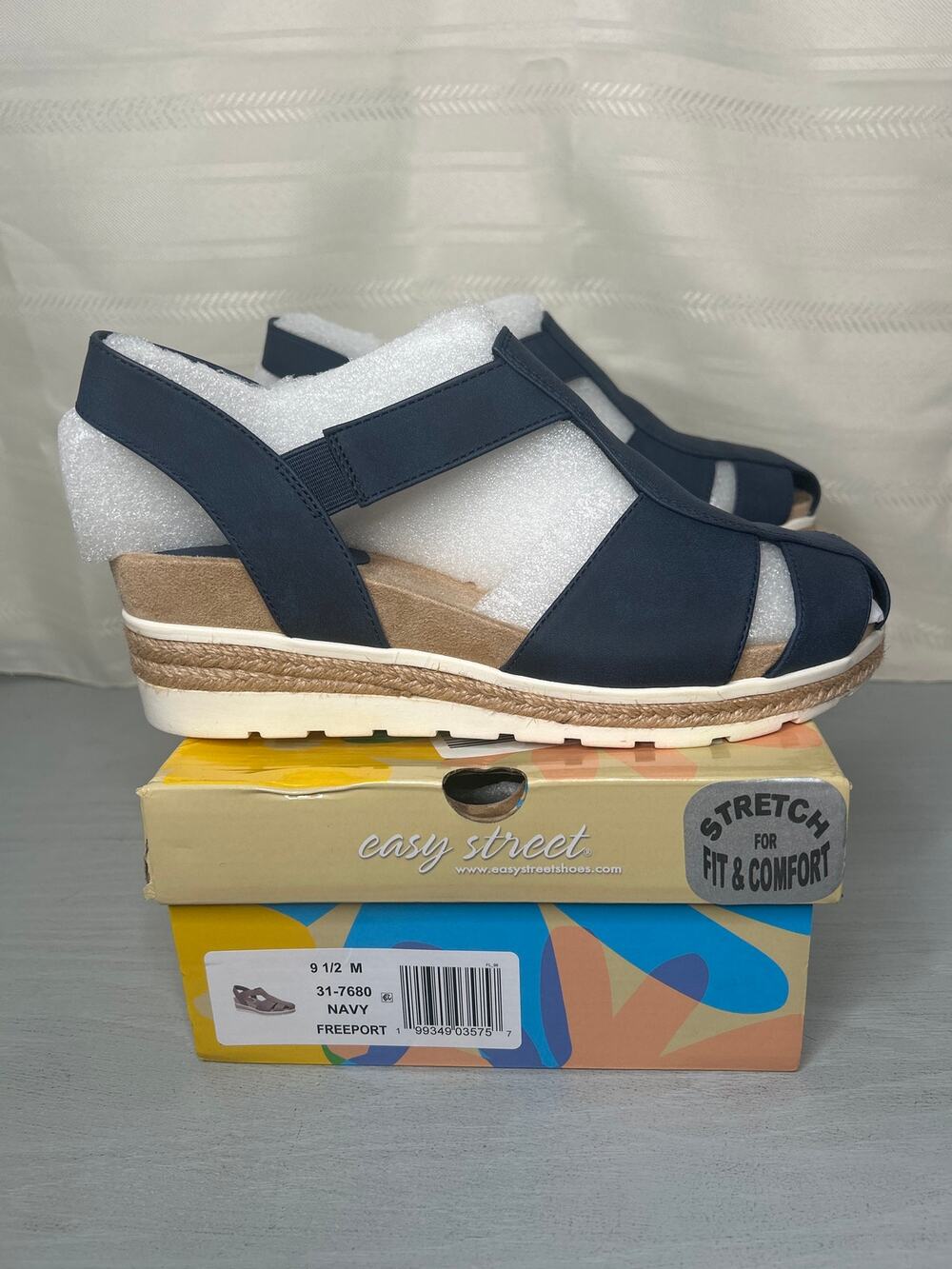 Easy Street Freeport Espadrille Wedge Sandals Navy Womens Size 9.5